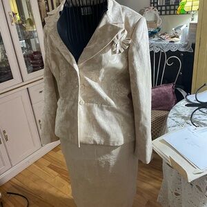 Elegant Cream Floral Blazer and Skirt Set